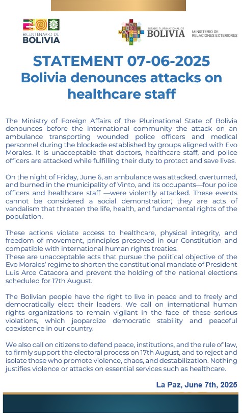 STATEMENT 07-06-2025 Bolivia denounces attacks on healthcare staff

bolivianembassy.co.uk/2025/06/09/sta…

#DiplomaciaDeLosPueblos #PorLaVida
#UnidosHaciaElBicentenario