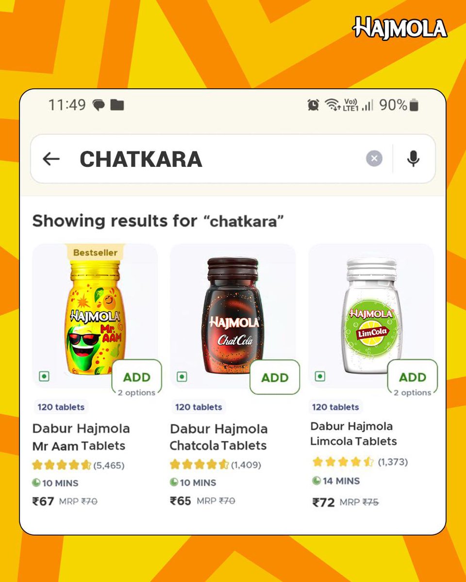 POV: Just looking for some chatkaara...
Ended up with the real chatkaaredaar OGs.
Mr.Aam, Chatkola, Limkola - straight to cart.

#Addtocart  #trending  #Hajmola #Chatkara #DaburHajmola #MrAam #LimCola #ChatCola #Regular #Pudina #Imli #Anardana #Flavours #hajmolakachatkara