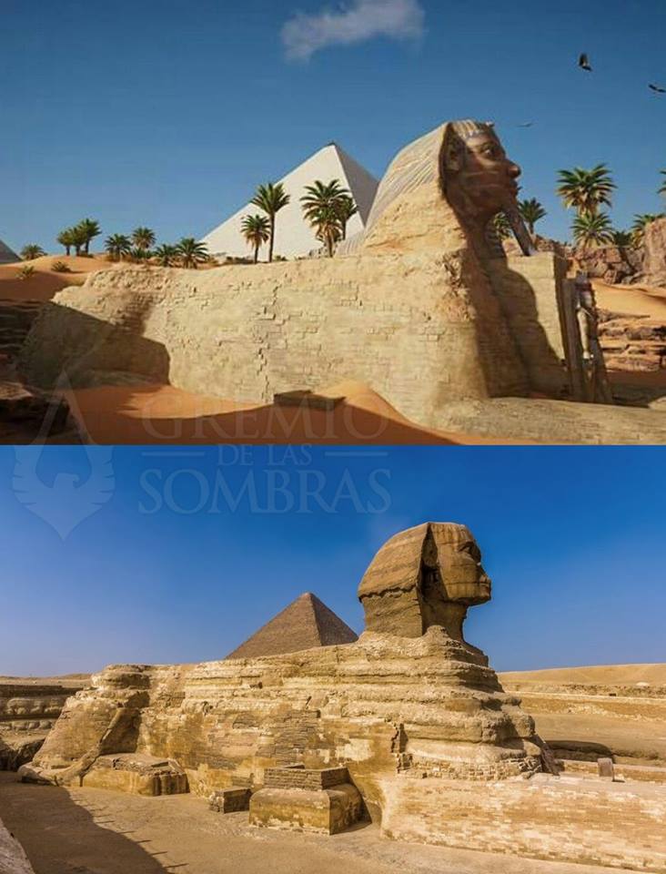 La Gran Esfinge de Guiza en el juego y en la actualidad. Es una de las esculturas más emblemáticas del mundo, con el cuerpo de un león reclinado y la cabeza de una persona, más concretamente la del rey Kefrén de la dinastía IV de Egipto. Declarada por la Unesco en 1979.