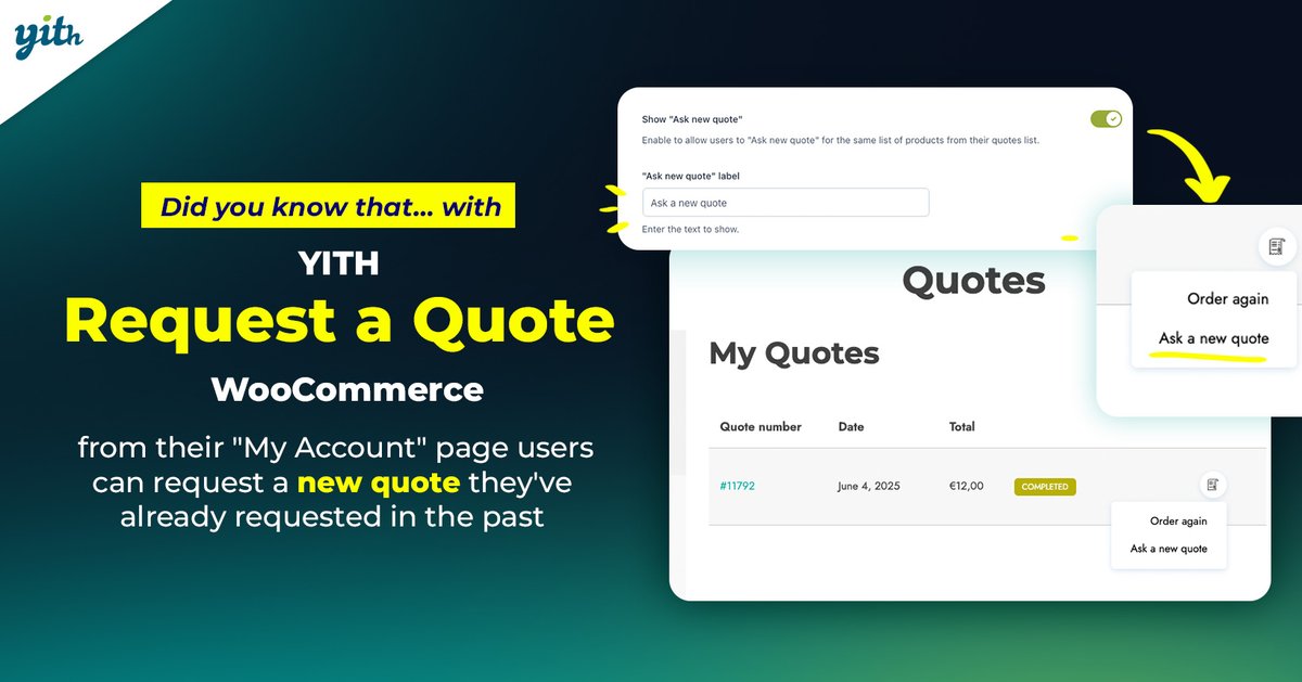 With YITH Request a Quote for WooCommerce, your customers can request a new quote for the same products from a previous quote directly from the My Account page. Time saved = happy customers😄 t.ly/VzI0x #yithplugins