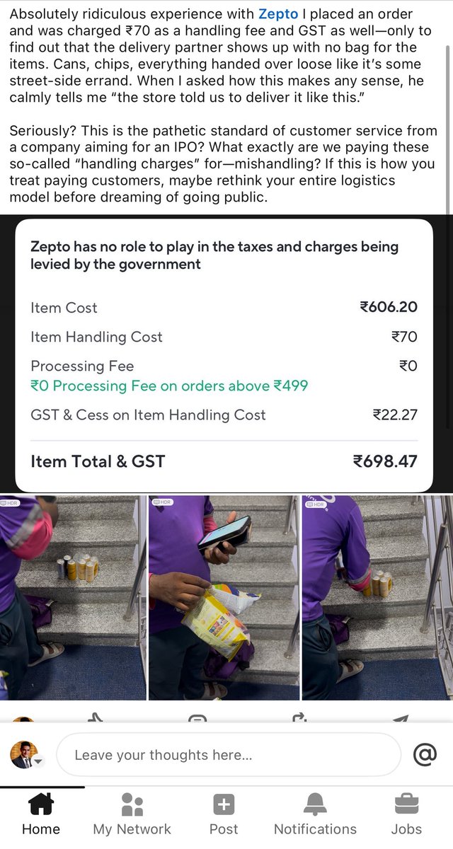 SahilDhingra13's tweet photo. Absolutely ridiculous, @ZeptoNow. I paid ₹70 in handling fees + GST and your delivery guy shows up with loose cans &amp; chips, no bag. He says “the store told us to deliver it like this.
What the hell are we paying for—premium mishandling? Been 3 days no resolution till now. https://t.co/ub40DeD0hK