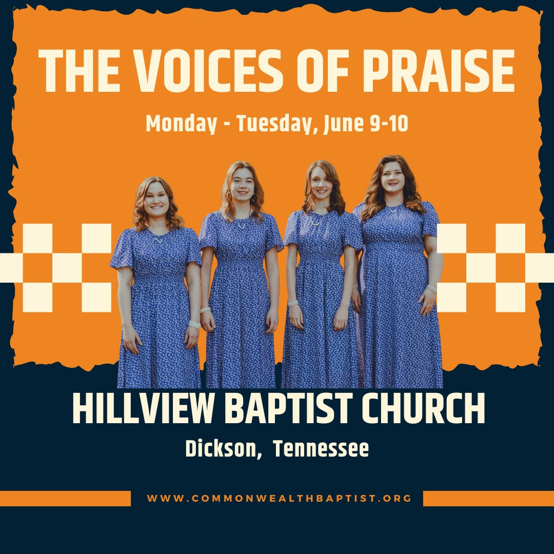 The Voices of Praise will be singing at Hillview Baptist Church in Dickson, TN on Monday &amp; Tuesday, June 9–10.

If you’re in the area, come be part of these special services!

📞 Contact the church office for service times.

#VOP2025 #CBCplace2be #DicksonTN
