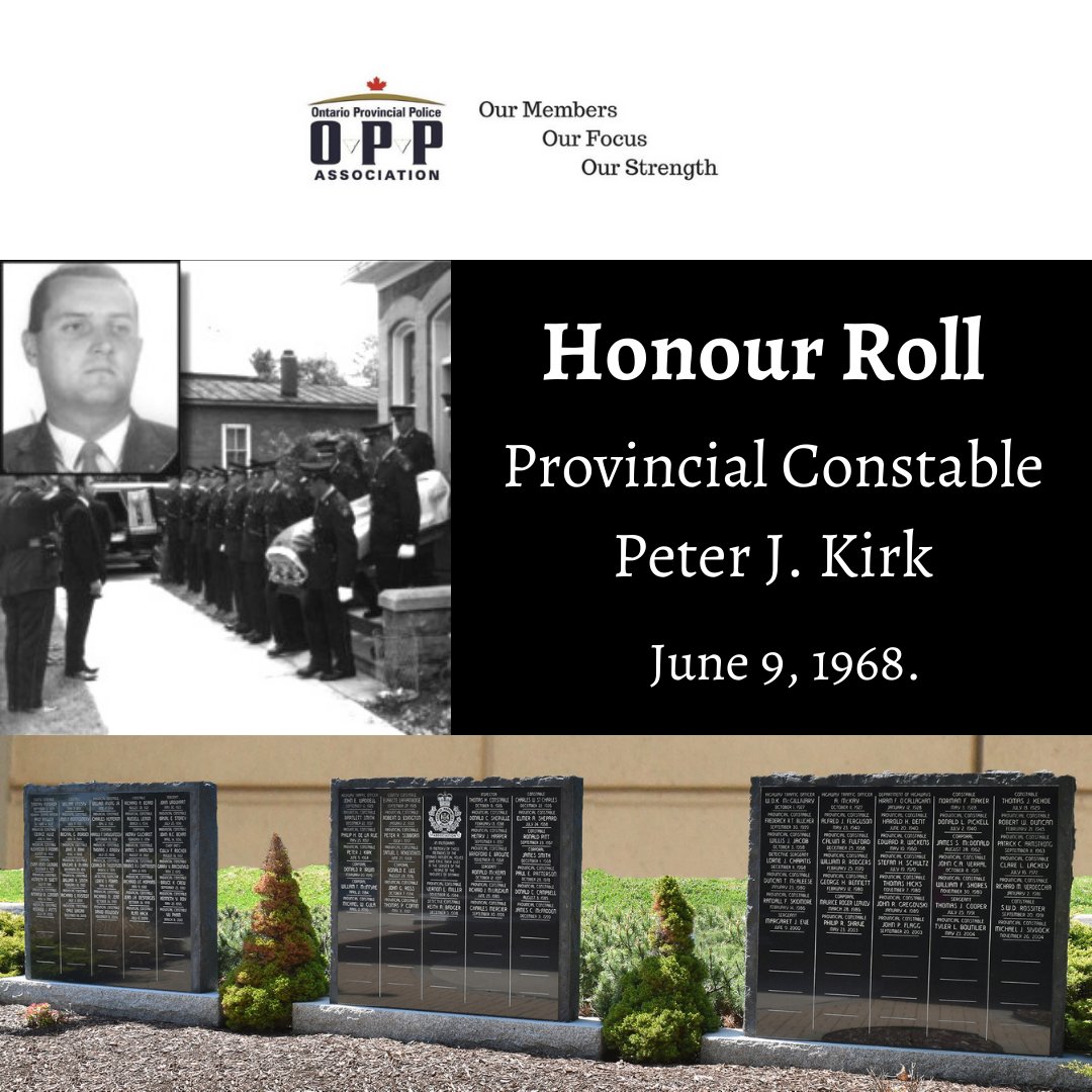 On June 9, 1968 OPP Provincial Constable Peter J. Kirk died in the line of duty when his police cruiser was struck by an oncoming vehicle on Highway 17 between Alfred and L’Original. Peter is never forgotten. #HeroesInLife