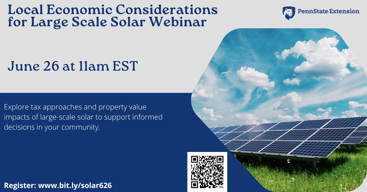 JimLadlee's tweet image. How does large-scale solar shape tax revenue and land values? Join #PennStateExtension for a free webinar on June 26 at 11:00 AM EDT. 

Register: bit.ly/solar626

#SolarPlanning #AgTech #CommunityDevelopment #PSUExtension