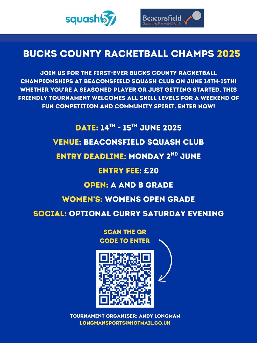 Join us for the inaugural Bucks County Racquetball Championships at the Beaconsfield Squash Club on June 14th and 15th! Players of all skill levels are welcome, whether you're an expert or a beginner. #RacketballChallenge #RacketballFun  England Squash Bucks Squash