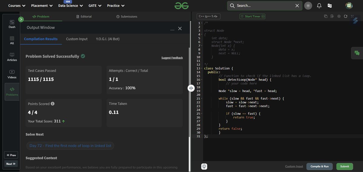 mikumaraditya's tweet image. Day 7⃣1⃣ of the #gfg160 Challenge completed!
✅Detect Loop in linked list
#LearnInPublic #DSA #geekstreak2025
@geeksforgeeks