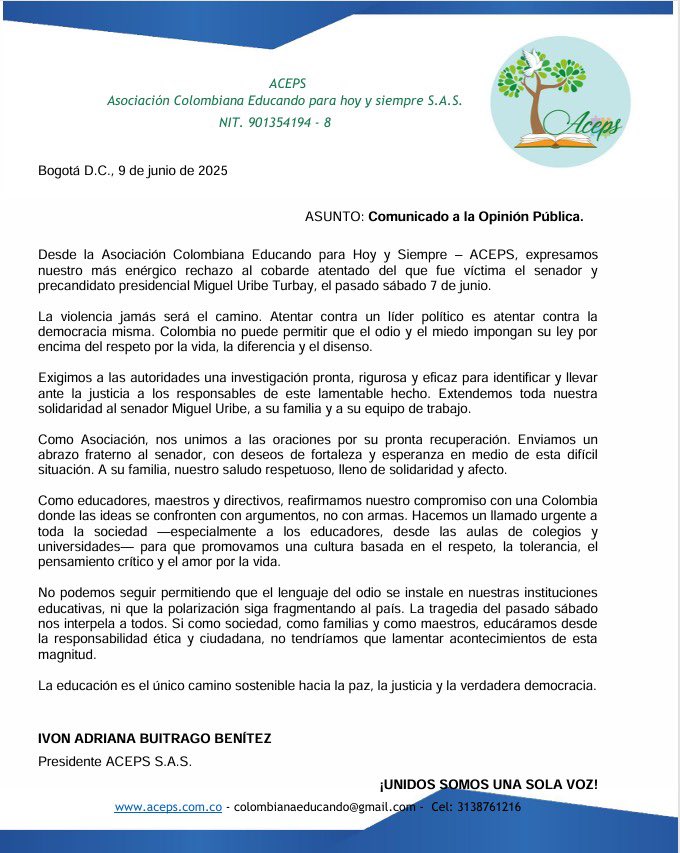 📢 Desde ACEPS, rechazamos el atentado contra Miguel Uribe y enviamos nuestra solidaridad a él y su familia. La violencia no puede tener lugar en nuestra democracia. 🙏🏻🇨🇴

#MiguelUribe #DemocraciaEsRespeto  #EducamosParaLaPaz  <a href="/PadresConlaVerd/">Padres Con La Verdad 🇨🇴</a> #EducaciónConValores <a href="/MiguelUribeT/">Miguel Uribe</a>