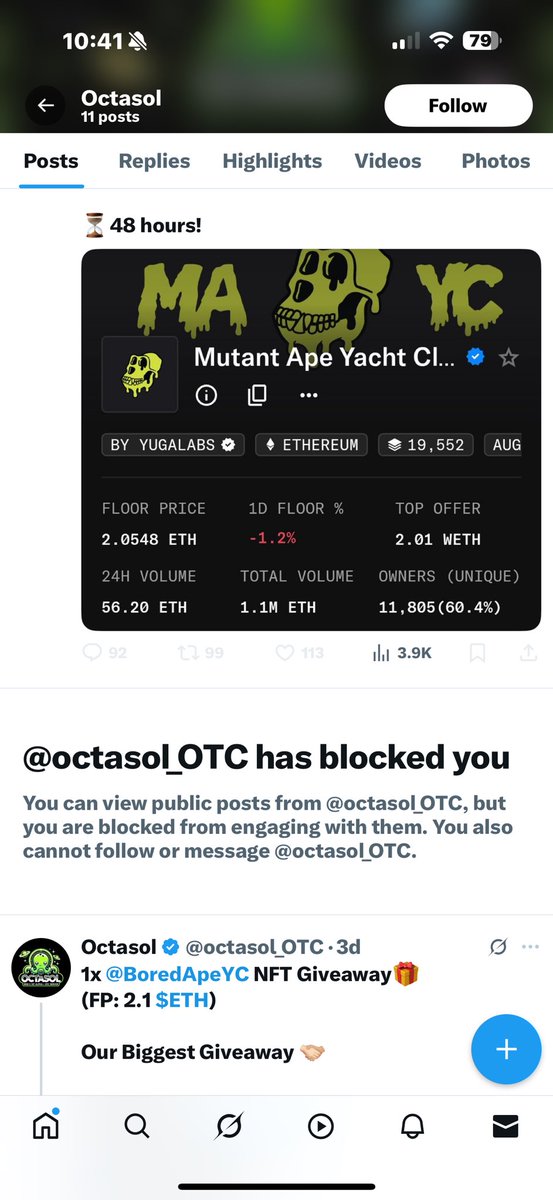 Just got scammed for .5ETH. Shame on me I guess. Ever be careful with this scammer. Sad an alleged MAYC member is part of it <a href="/BoredApeYC/">Bored Ape Yacht Club 🍌</a> scammed and then blocked. <a href="/octasol_OTC/">Octasol</a>
