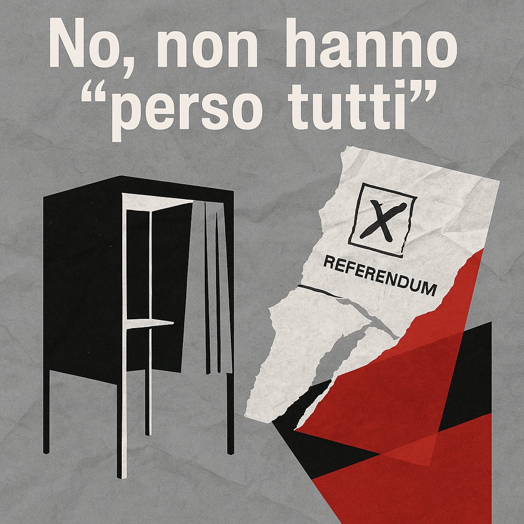 giuliocavalli's tweet photo. No, non hanno "perso tutti". Hanno perso quelli - io incluso - che ritenevano fondamentali i quesiti per fermare lo scippo di diritti avvenuto in questi anni sia da destra che da sinistra. Hanno perso i partiti che questo referendum l'hanno sostenuto, hanno perso coloro che continueranno incastrati nello sfruttamento e nell'invisibilità di cittadinanza. La politica non è solo testimonianza, la politica si fa con i numeri. E forse pretendere di costruire una "comunità" di cittadini quando le comunità politiche sono simulate pur essendo divergenti non funzionerà. Convincersi che "comunque va bene così" nemmeno serve di fronte a un governo autoritario, pericoloso. My two cents.