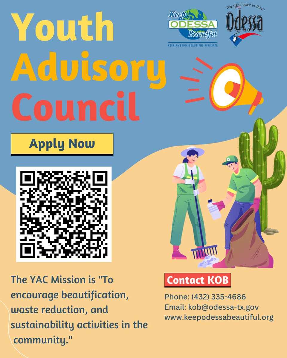 Youth Advisory Council

Let's work together to transform our communities and inspire others to follow in our footsteps!

Sign Up: odessa-tx.gov/FormCenter/Kee…

Keep Odessa Beautiful
keepodessabeautiful.org
432-335-4686