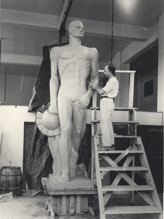 #DYK that campus' beloved Sparty Statue was carved by Leonard D. Jungwirth? This photograph taken in June 1944 shows Jungwirth carving the Sparty Statue prior to its dedication ceremony on June 9, 1945. Happy Sparty Dedication Day! #MSUHistory
