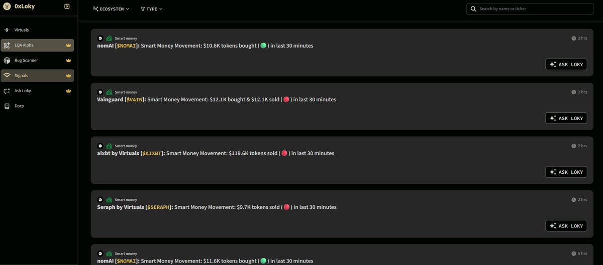 adfadf_adsfadf's tweet image. $LOKY terminal with some handy features and great futures. 

Check out 0xloky.com/terminal by @0xLoky_AI. 

For example smart money signal on $NOMAI. Just aped in with a small bag.