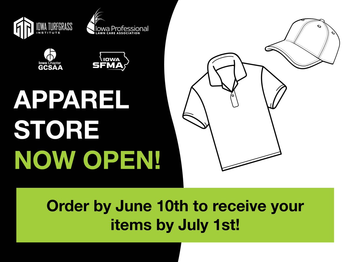 Reminder - Our apparel store is now open year-round!! Be the first to sport the newest turf merch and show support for your association. Use the link below to place your order today! 

mrghauff.chipply.com/TURFGRASSINST/… 

<a href="/GcsaIowa/">IowaGCSA</a> <a href="/iowalawncare/">IPLCA</a> <a href="/iowa_stma/">Iowa SFMA</a>