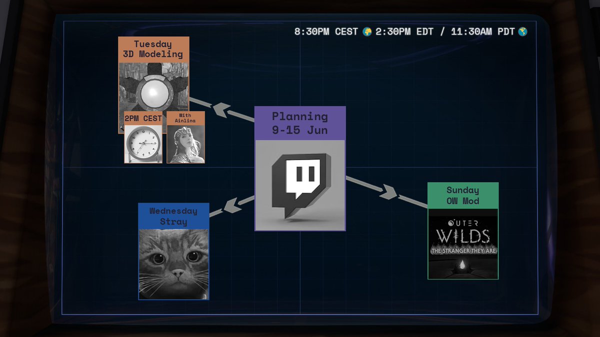 📆 Twitch planning (9-15 June)

New week, new planning! It's gonna be like last week, only with the Outer Wilds mod being on Sunday as I'll be busy on Saturday!