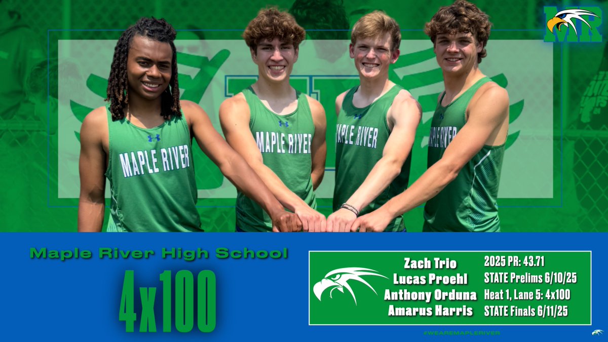 MRTandF's tweet image. Zach, Lucas, Anthony and Amarus, Congratulations and Good Luck in the 4x100 Prelims at the Class A STATE Track and Field Meet Tuesday! #wearemapleriver