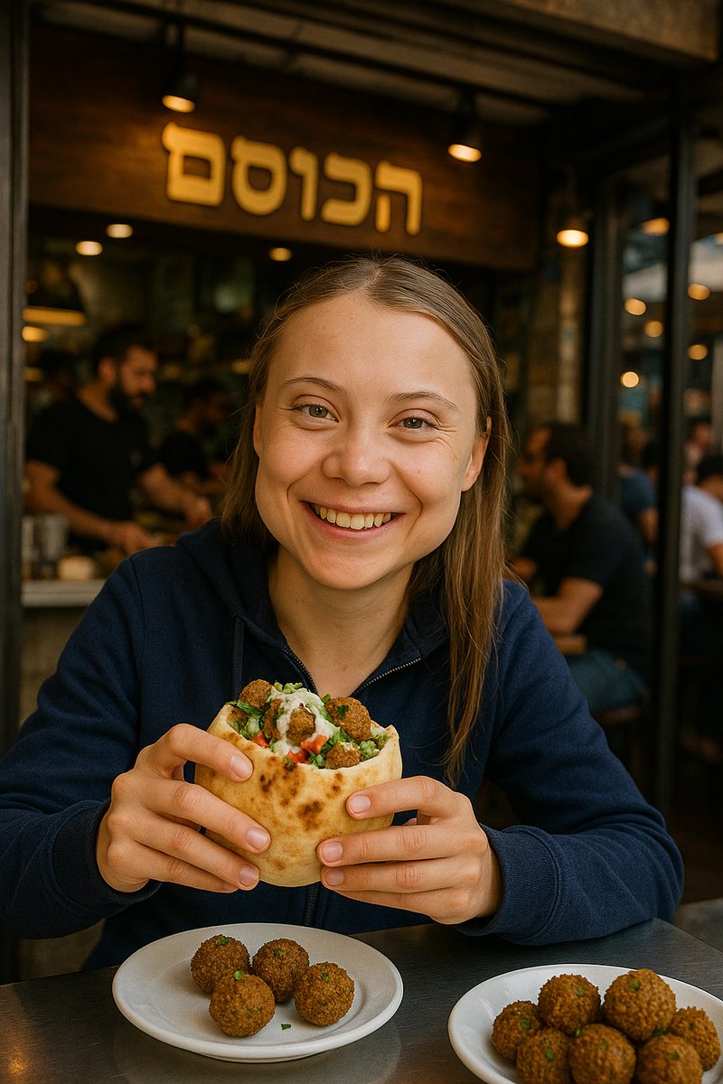 Ostrov_A's tweet photo. ‘Greta’ spotted at iconic local falafel joint in Tel Aviv! 🇮🇱 🧆 https://t.co/9N9NqBaK5u