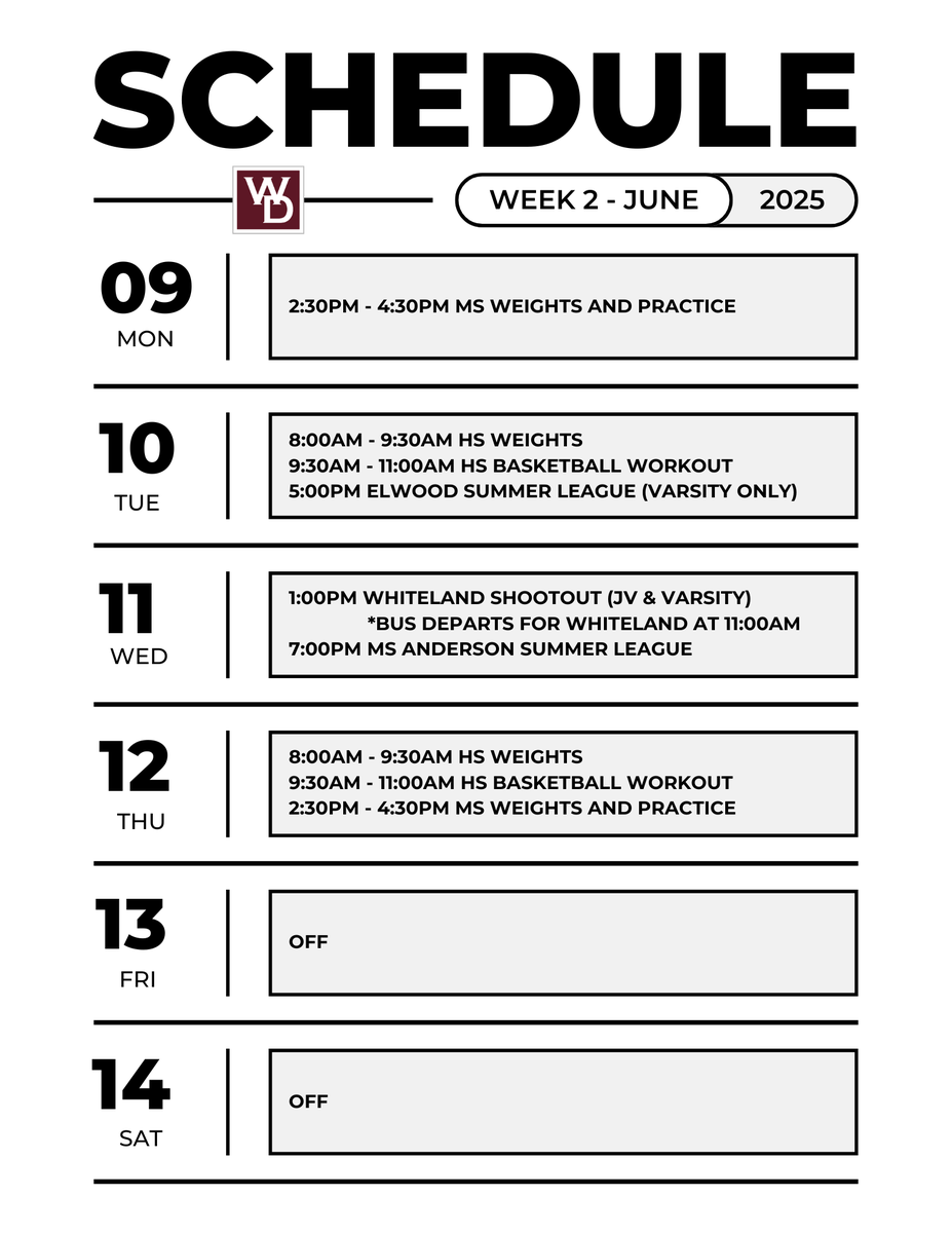 Week 2 boys' basketball schedule for June. Please enter through door #23.

#Family