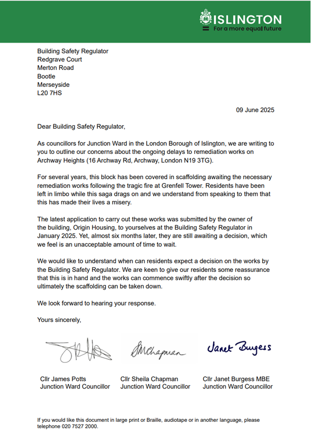 Sheila Chapman (@sheilachapman01) on Twitter photo Junction ward councillors <a href="/JamesPotts/">Cllr James Potts</a>, Janet Burgess and I, have written to the Building Safety Regulator to complain about the length of time Archway Heights has been left covered in scaffolding because of delays to their decision making processes. Junction ward councillors <a href="/JamesPotts/">Cllr James Potts</a>, Janet Burgess and I, have written to the Building Safety Regulator to complain about the length of time Archway Heights has been left covered in scaffolding because of delays to their decision making processes.