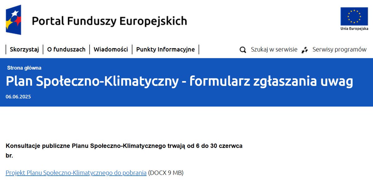 📢 WAŻNE! W dniu 6 czerwca br. ruszyły konsultacje projektu planu społeczno-klimatycznego (PSK), który ma określić, jak Polska rozdysponuje 11,4 mld EUR z unijnego Społecznego Funduszu Klimatycznego (#SFK) w ramach #ETS2:

➡️funduszeeuropejskie.gov.pl/strony/plan-sp…

#FitFor55