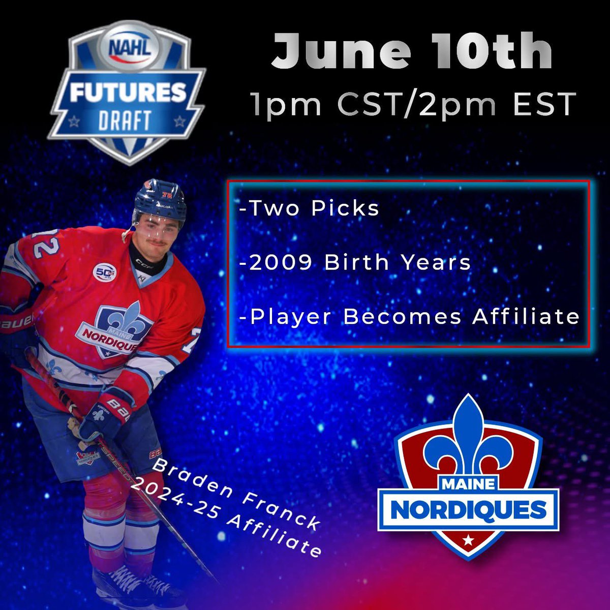 Grab your sunglasses because the future is looking bright 😎 

Tomorrow is the 2025 NAHL futures draft where each team in the NAHL will have two picks of 2009 birth year players

 tune in tomorrow at 2pm Eastern to find out who we will select!