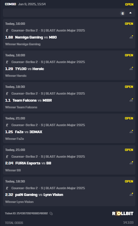 MikeyyCrypto's tweet image. What's everyones picks for the #BLASTtvMAJOR games today? 

I've got mine locked in, surely this is a lock right?