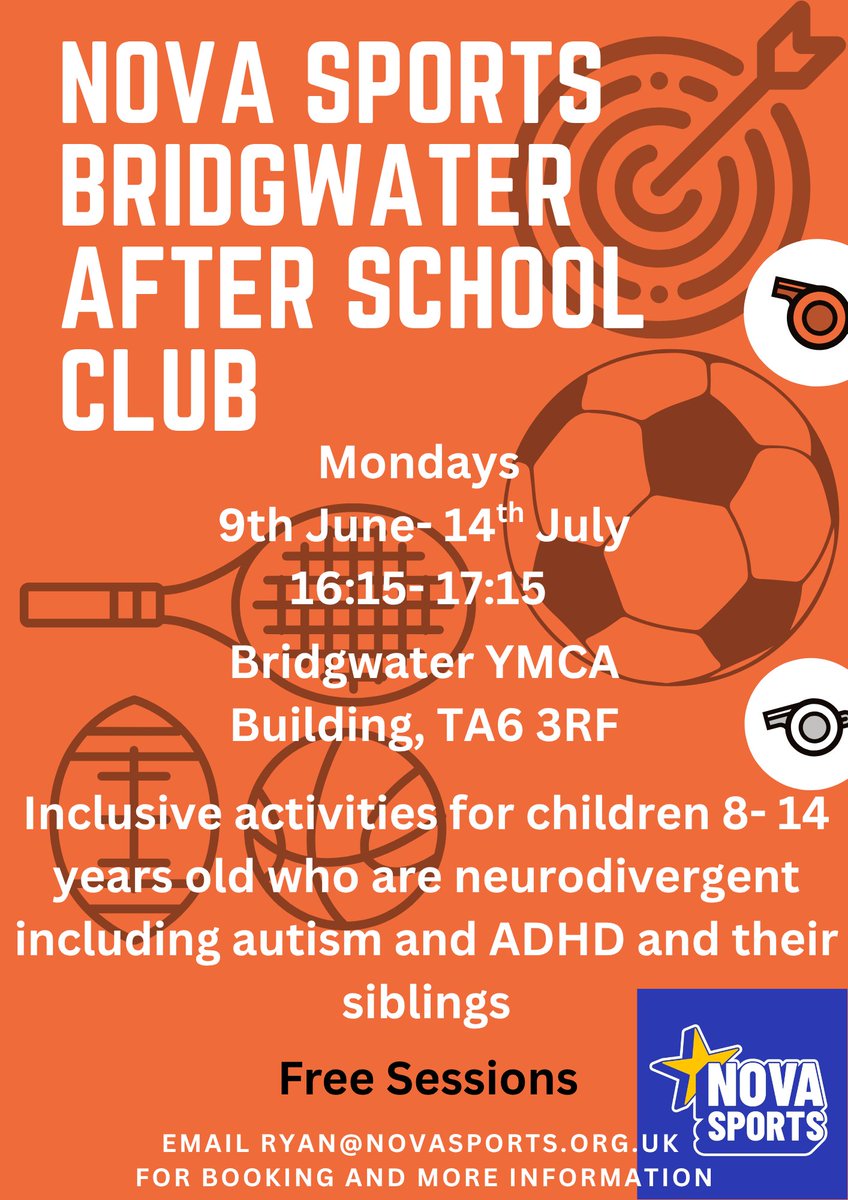 Kingsmead School (@kingsmead) on Twitter photo Nova Sports is running a new Multi Sports After School Club at Bridgwater YMCA. These sessions are for neurodivergent young people aged 8 to 14 years, as well as their siblings and will enable them to try a variety of activities for free.
To book email: ryan@novasports.org.uk Nova Sports is running a new Multi Sports After School Club at Bridgwater YMCA. These sessions are for neurodivergent young people aged 8 to 14 years, as well as their siblings and will enable them to try a variety of activities for free.
To book email: ryan@novasports.org.uk
