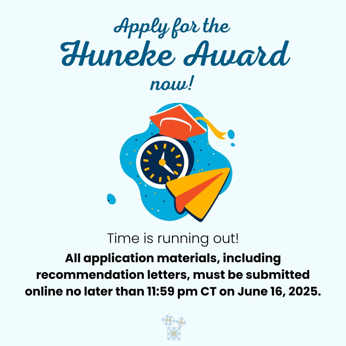 MATNatlOffice's tweet image. HUNEKE AWARD DEADLINE: JUNE 16! ⏳ Time is running out—nominate an outstanding Mu Alpha Theta sponsor &amp;amp; help honor their impact! 🏆 The winner gets $2,000! Submit now: mualphatheta.org/huneke_disting…  #MuAlphaTheta #HunekeAward