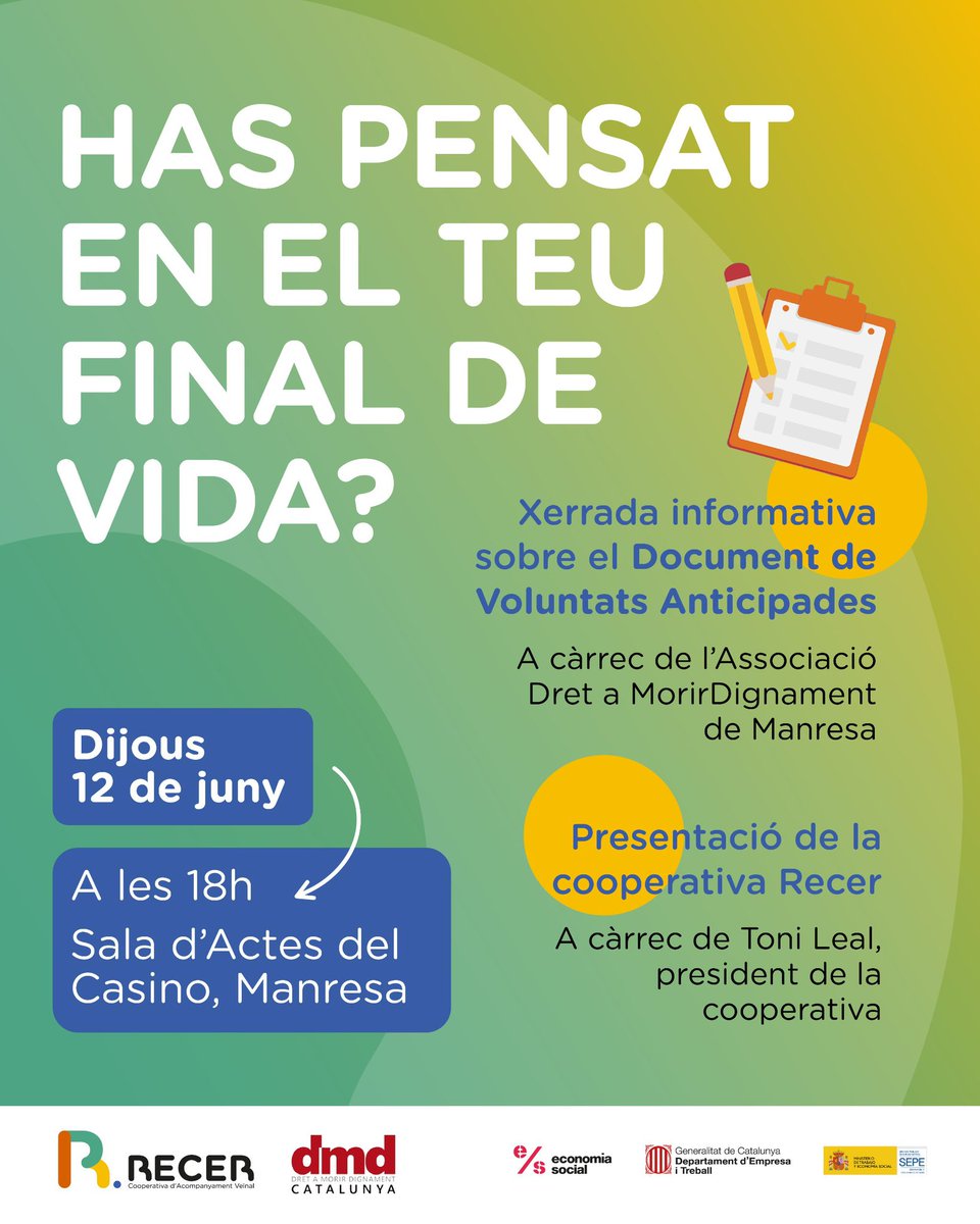 🟠 Has pensat en el teu final de vida?

📅🗣️ Aquest dijous 12 de juny parlem sobre el Document de Voluntats Anticipades amb l’associació Dret a Morir Dignament 

👉 T’esperem a les 18h a la Sala d’Actes del Casino de Manresa