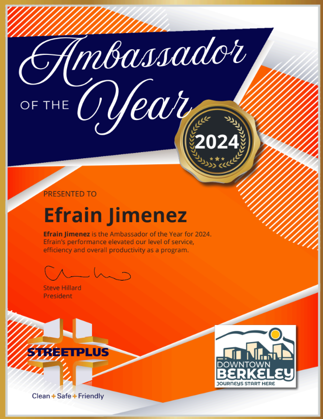 Any day is a good day to recognize the accomplishments of our Ambassadors. Congratulations to Efrain Jimenez <a href="/dwntwnberkeley/">Downtown Berkeley Association</a>  2024 Ambassador of the Year, who was honored at the recent DBA Annual Meeting. We're so proud of you &amp; the contributions you have made to your community🧡
