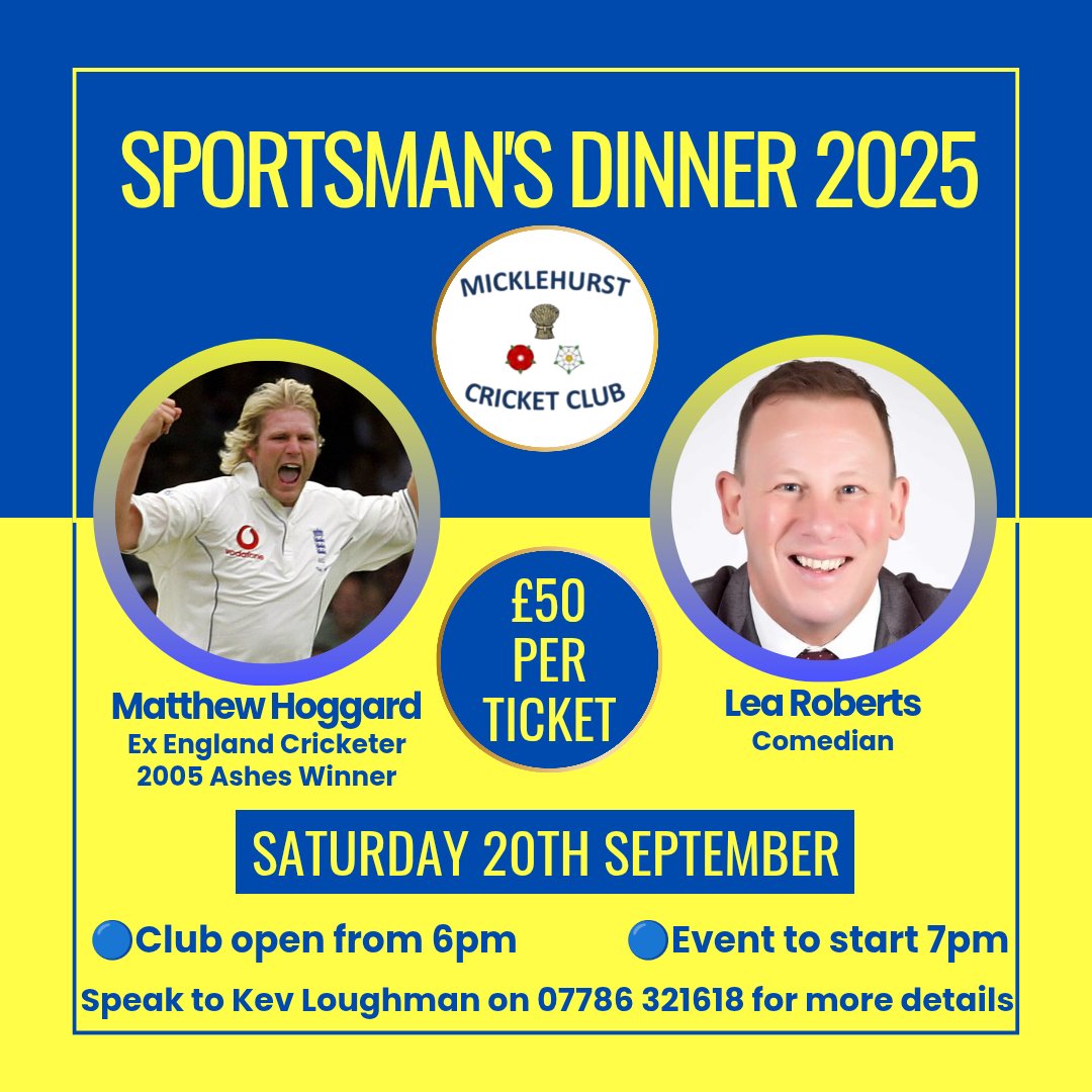 📢Date for the diaries 📢

Our sportsmans dinner will take place on Saturday 20th September

Guest speakers of ex England International Matthew Hoggard and comedian Lea Roberts

Speak to Kev on the number provided for more details
