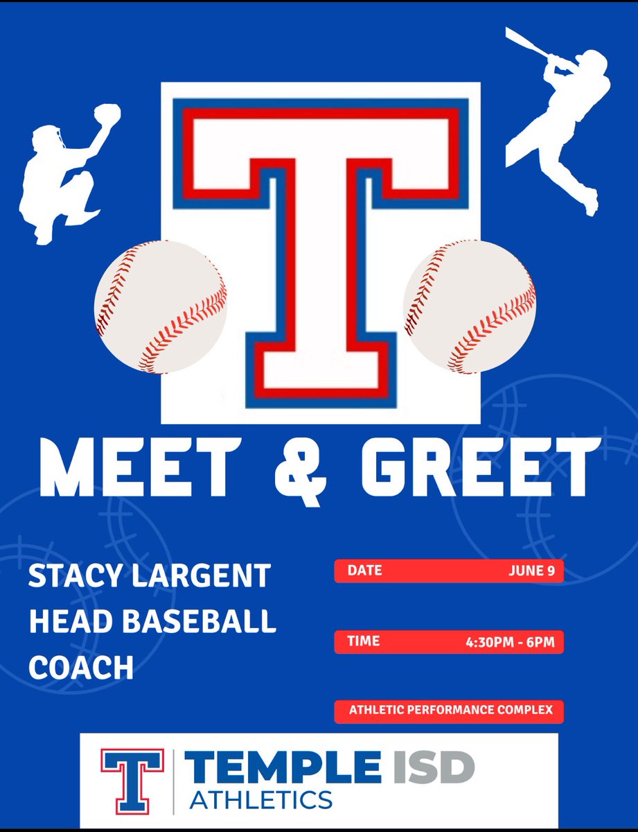 Stop by the Athletic Performance Complex today between 4:30pm and 6pm to meet Coach Largent, our new THS Head Baseball Coach <a href="/templewildcats/">Temple Wildcats</a> <a href="/TempleISD/">Temple ISD</a>