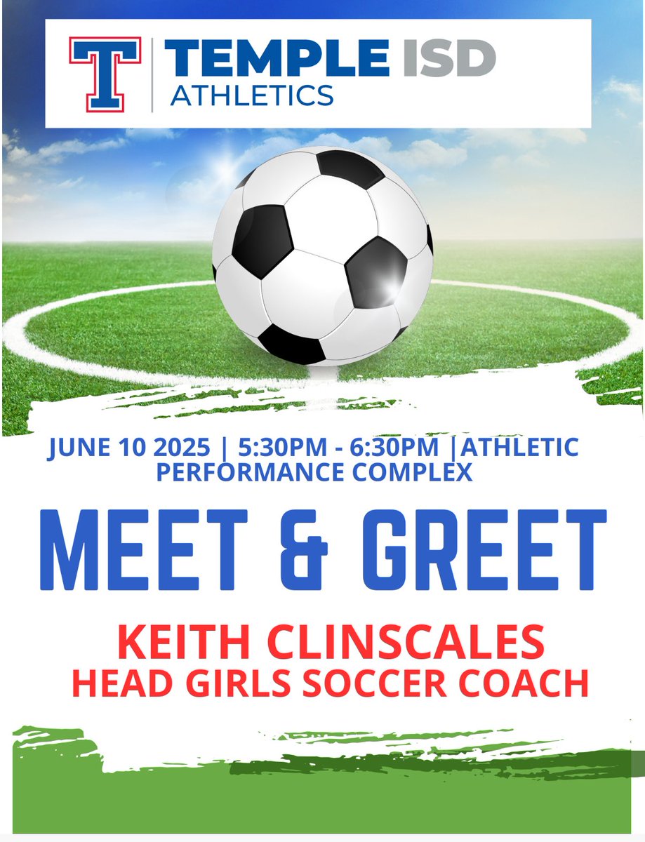 Meet &amp; Greet with Coach Clinscales, our new Head Girls Soccer coach is scheduled for tomorrow, June 10 between 5:30pm - 6:30pm at the Athletic Performance Complex…hope to see you there…<a href="/templewildcats/">Temple Wildcats</a> <a href="/TempleISD/">Temple ISD</a>