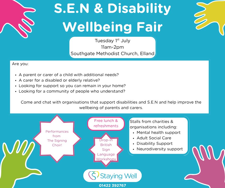 Join us for a S.E.N &amp; Disability Wellbeing Fair to chat with organisations that support disabilities and S.E.N. 

📍Southgate Methodist Church
 📅Tuesday 1st July
⏲️11am-2pm
📞01422 392767

Find out more about our community events here 👇
northhalifaxpartnership.org/events-calenda…
