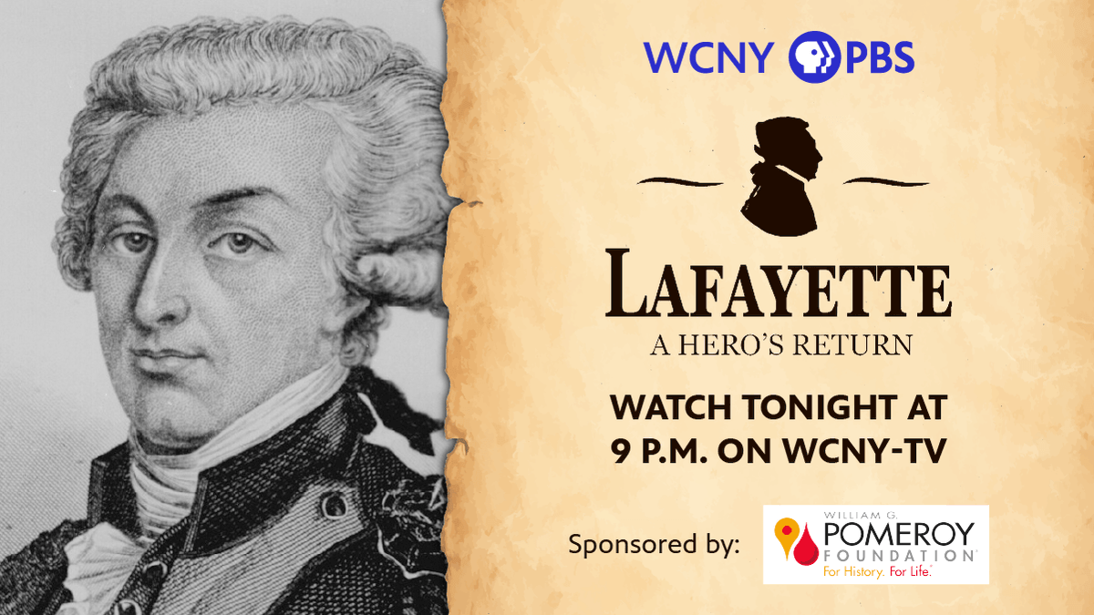 WCNY (@wcnypbs) on Twitter photo Lafayette: A Hero's Return | Watch Monday, June 9 at 9 p.m. on WCNY-TV
Narrated by historian Julien Icher, this powerful documentary, "Lafayette: A Hero’s Return," explores General Lafayette’s enduring legacy in New York and American history.
<a href="/LafayetteTrail/">The Lafayette Trail</a>
<a href="/wgpfoundation/">William G. Pomeroy Foundation</a> Lafayette: A Hero's Return | Watch Monday, June 9 at 9 p.m. on WCNY-TV
Narrated by historian Julien Icher, this powerful documentary, "Lafayette: A Hero’s Return," explores General Lafayette’s enduring legacy in New York and American history.
<a href="/LafayetteTrail/">The Lafayette Trail</a>
<a href="/wgpfoundation/">William G. Pomeroy Foundation</a>