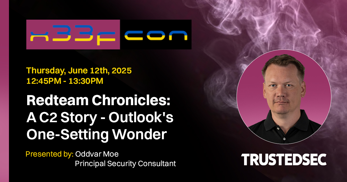 TrustedSec (@trustedsec) on Twitter photo This Thursday at 12:45 pm, Principal Security Consultant <a href="/Oddvarmoe/">Oddvar Moe</a> will be speaking at <a href="/x33fcon/">/ˈziːf-kɒn/</a> in Gdynia, Poland. Catch his talk "Red Team Chronicles: A C2 Story - Outlook's One-Setting Wonder " if you'll be there. x33fcon.com/#!conference.md This Thursday at 12:45 pm, Principal Security Consultant <a href="/Oddvarmoe/">Oddvar Moe</a> will be speaking at <a href="/x33fcon/">/ˈziːf-kɒn/</a> in Gdynia, Poland. Catch his talk "Red Team Chronicles: A C2 Story - Outlook's One-Setting Wonder " if you'll be there. x33fcon.com/#!conference.md