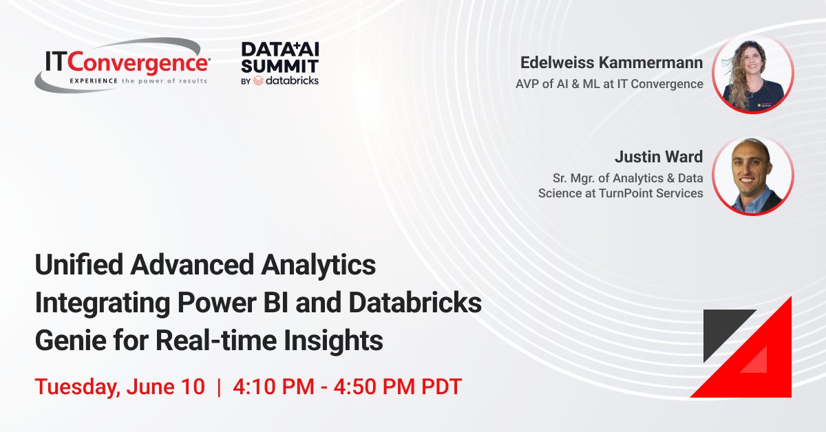 IT Convergence (@it_convergence) on Twitter photo What if Power BI and @Databricks Genie worked together in one interface? Donāt miss our live session tomorrow at <a href="/Data_AI_Summit/">#DataAISummit</a> with <a href="/EdelweissK/">Edelweiss Kammermann</a> and Justin Ward to see how we made it happen.
itconvergence.com/databricks-datā¦
#Databricks #PowerBI #DataAISummit #Analytics What if Power BI and @Databricks Genie worked together in one interface? Donāt miss our live session tomorrow at <a href="/Data_AI_Summit/">#DataAISummit</a> with <a href="/EdelweissK/">Edelweiss Kammermann</a> and Justin Ward to see how we made it happen.
itconvergence.com/databricks-datā¦
#Databricks #PowerBI #DataAISummit #Analytics
