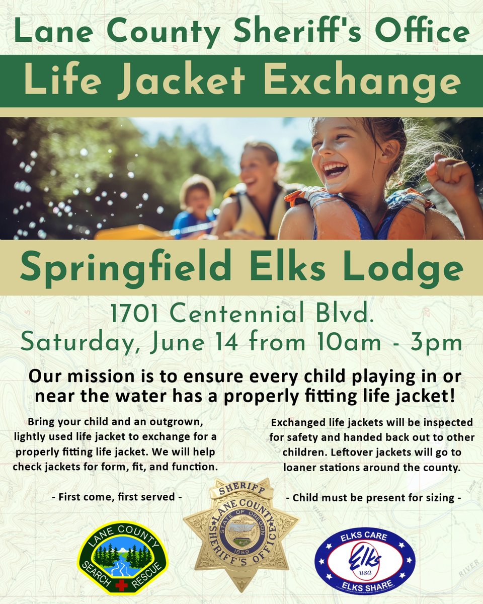 LIFE JACKET EXCHANGE RETURNS TO SPRINGFIELD ON JUNE 14TH (PHOTO)

&amp;nbsp;

Need to size up your growing child's life jacket for the summer? Come see the Lane County Sheriff's Search &amp;amp; Rescue on June 14th at the Spring

More Info: flashalert.net/id/LaneSheriff…