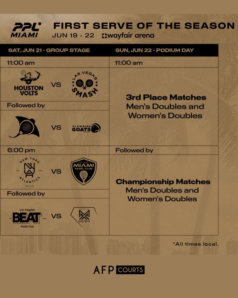 PPL will kick off the 2025 season June 19–22 at the Wayfair Arena, Miami! 💥

Get ready to watch the pros compete on the #adidasPPLHighCompetition court, designed &amp; manufactured by <a href="/afpcourts/">AFP Courts</a>  global licensee for adidas padel courts.

#AFPcourts #adidasPadel #ProPadelLeague