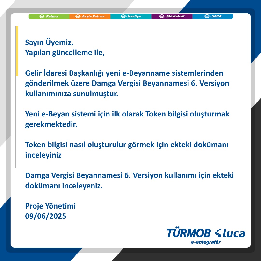 Lucayazilim's tweet photo. Token alma dokümanı : https://t.co/LQRKQvmR10

Damga Vergisi Yenİ Beyanname Sistemi: https://t.co/h07inG2H3i https://t.co/fDhKVuqdbT