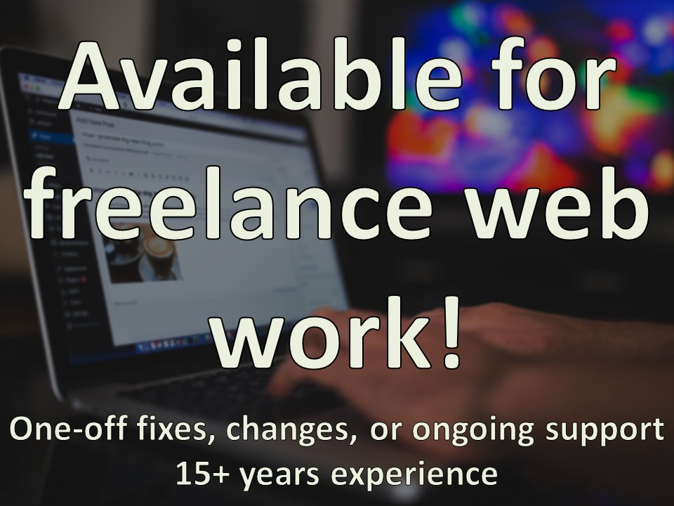 LibraryPlayer's tweet image. Anyone at #bizhour got a website issue, or need changes?
I'm available for freelance web work!
15+ years experience, I usually support small businesses with their existing websites.
Email simon@libraryplayer.co.uk to discuss further!
