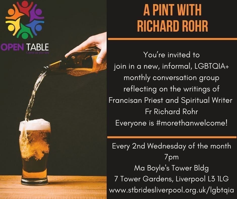 This Wednesday, we will be gathering for "A Pint with Richard Rohr" at Ma Boyles where will be reflecting on the Daily Meditations published by Fr Richard Rohr. 

📆 11th of June

🕧 7pm

📍Ma Boyle’s, Tower Bldg, 7 Tower Gardens, L3 1LG