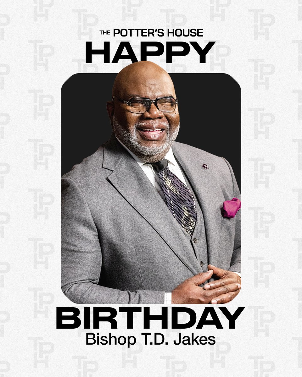 The Potter's House (@tphdallas) on Twitter photo As the visionary founder of #TPHDallas, our <a href="/BishopJakes/">T.D. Jakes</a> is a pillar of faith, a disruptive thinker, and an extraordinary leader who has built our wonderful TPH community and impacted the world.
Today, let’s come together to honor him by wishing him a VERY happy birthday! 🎂💜 As the visionary founder of #TPHDallas, our <a href="/BishopJakes/">T.D. Jakes</a> is a pillar of faith, a disruptive thinker, and an extraordinary leader who has built our wonderful TPH community and impacted the world.
Today, let’s come together to honor him by wishing him a VERY happy birthday! 🎂💜