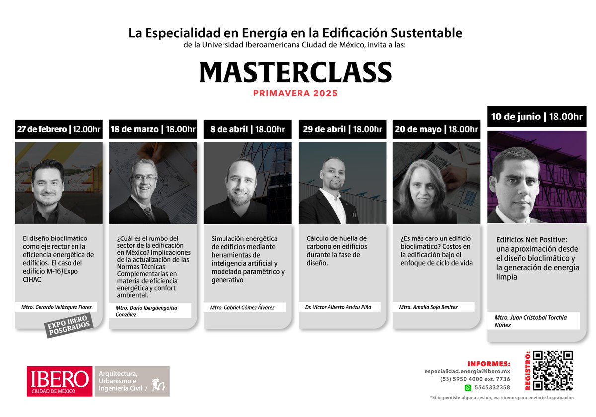 🌱 ¡Última masterclass de la Especialidad en Energía en la Edificación Sustentable!
📅 10 de junio | 18:00 h
📍 Edificios Net Positive: diseño bioclimático y generación de energía limpia
🎙️ Mtro. Juan Cristobal Torchia
Regístrate 👉 cloud.contactoibero.mx/masterclass-ee… 
<a href="/IBEROinvestiga/">IBERO Investigación y Posgrado</a>