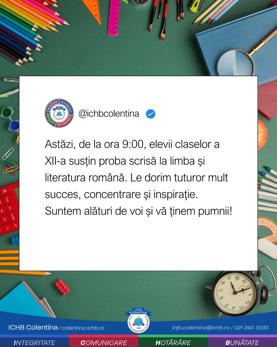 ICHBColentina's tweet photo. Mult succes, tuturor! 📘✍
#bacalaureat #examen #limbaromână #bac2025 #success https://t.co/3H1qAvIbog