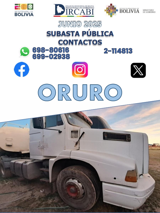 dircabi_bolivia's tweet photo. 𝗢𝗙𝗜𝗖𝗜𝗡𝗔 𝗗𝗜𝗦𝗧𝗥𝗜𝗧𝗔𝗟 #DIRCABI #Oruro te invita a ser parte de los actos de Monetización del 2do trimestre 2025.
Mas información: https://t.co/nOHRi2yUR2
Descarga el catálogo: https://t.co/WXfKwM2RB3
#Bolivia #VentaDeAutos #SubastaPublica #SubastaDeAutos https://t.co/HwZiw9gUxV
