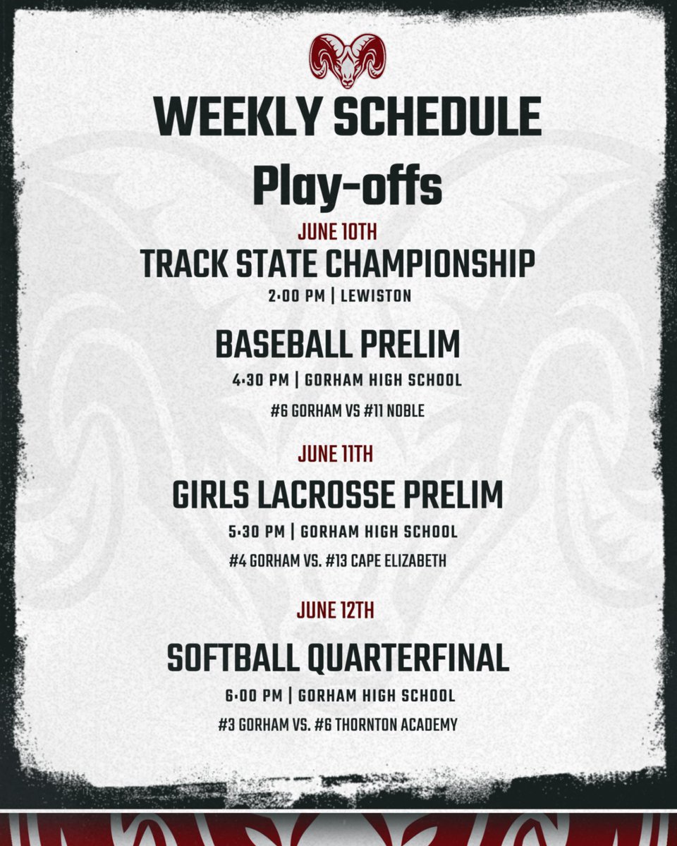 Play-off schedule for this week!!
Good Luck! 
#gorams