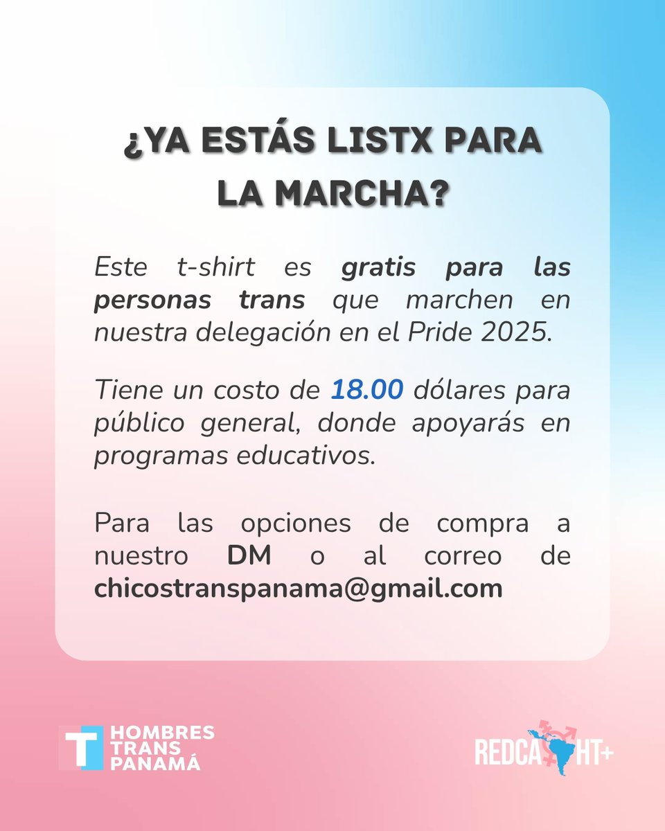 Hombres Trans Panamá (@ht_panama) on Twitter photo 🌈🏳️⚧️  ¡YA ESTÁ AQUÍ! 🏳️⚧️ 🌈
Nuestro nuevo diseño de T-SHIRT para la marcha del Orgullo 2025 ha llegado para que celebres con nosotrxs la visibilidad y un nuevo estilo. 
💖 Comprando apoyas en nuestros programas educativos.
#Pride2025 🌈🏳️⚧️  ¡YA ESTÁ AQUÍ! 🏳️⚧️ 🌈
Nuestro nuevo diseño de T-SHIRT para la marcha del Orgullo 2025 ha llegado para que celebres con nosotrxs la visibilidad y un nuevo estilo. 
💖 Comprando apoyas en nuestros programas educativos.
#Pride2025