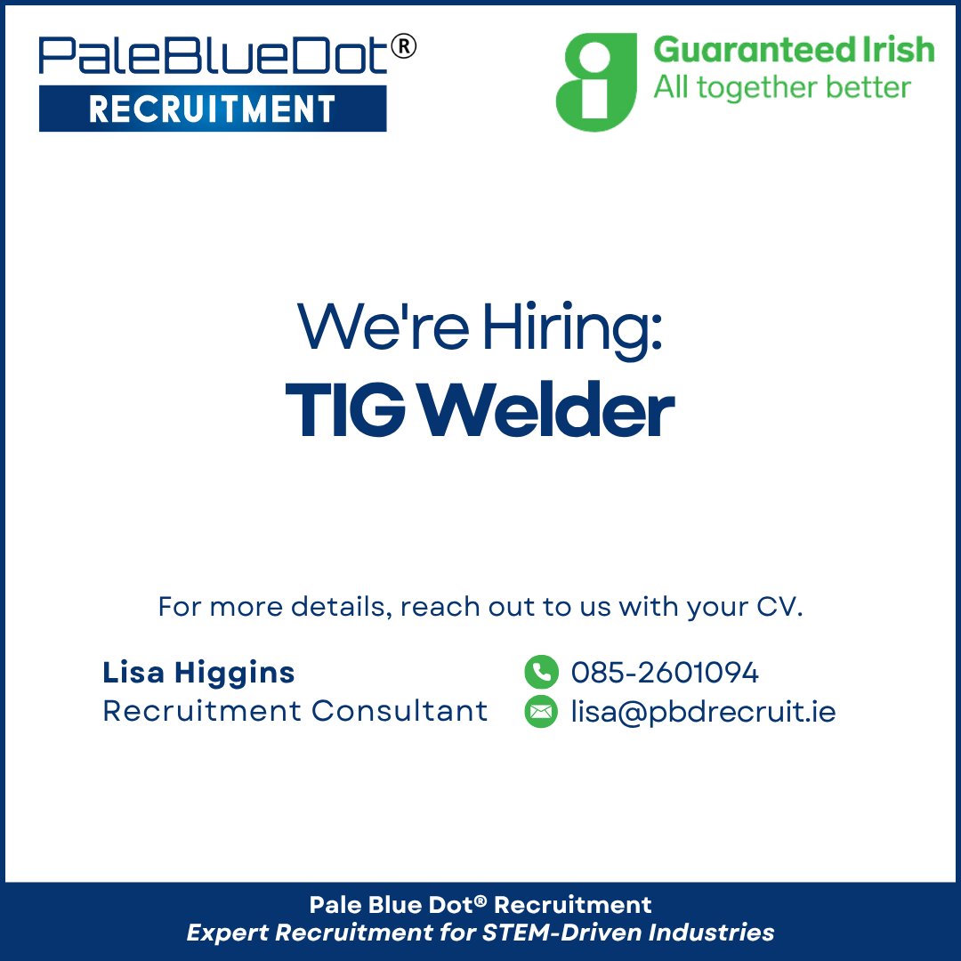 Our client, a leading manufacturer of high-quality stainless steel products based in Mayo, is currently seeking an experienced TIG Welder to join their fabrication team. 

Contact Lisa or visit pbdrecruit.ie/explorejobs/#j…
for all the details
#PaleBlueDotRecruitment