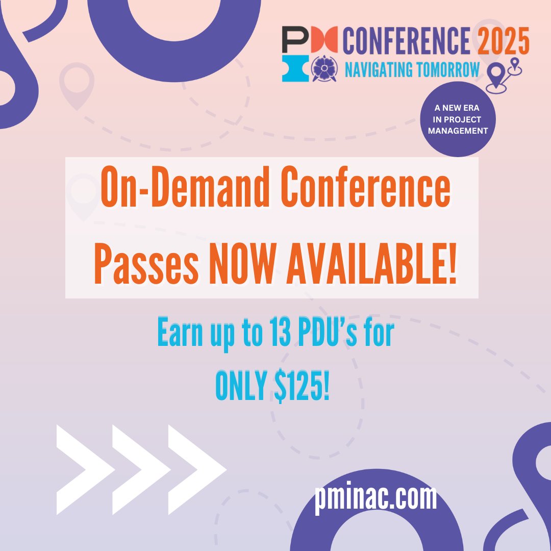 Did you miss our Conference? This is your chance to earn your PDU's and get some great education to further your career! Our On-Demand Conference passes are now on sale for only $125! Follow the link to purchase your pass:  pminac.com/events-program…