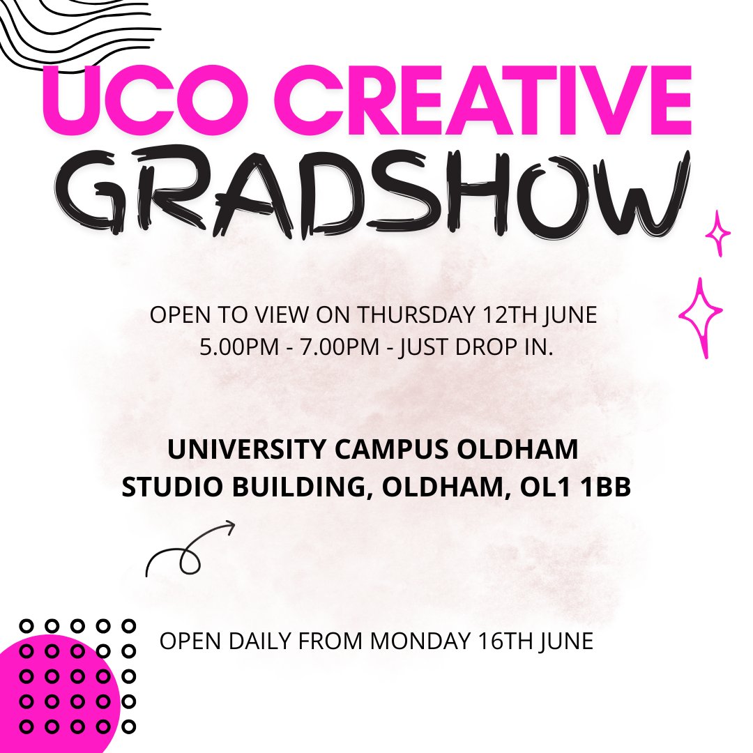 University Campus Oldham (@uc_oldham) on Twitter photo Visit our Creative Gradshow featuring the very best work by our Graphic Design, Illustration and Games Art degree students! Drop in on the 12th June between 5pm-7pm. The display will be available to view until the 11th July by appointment only. Contact ben.atkins@oldham.ac.uk. Visit our Creative Gradshow featuring the very best work by our Graphic Design, Illustration and Games Art degree students! Drop in on the 12th June between 5pm-7pm. The display will be available to view until the 11th July by appointment only. Contact ben.atkins@oldham.ac.uk.